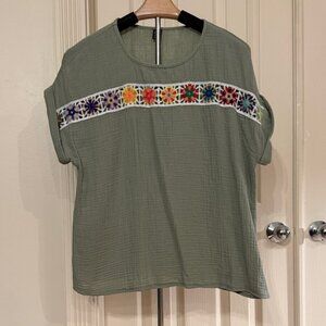 SHEIN Olive Green Embroidered Short Sleeve Top